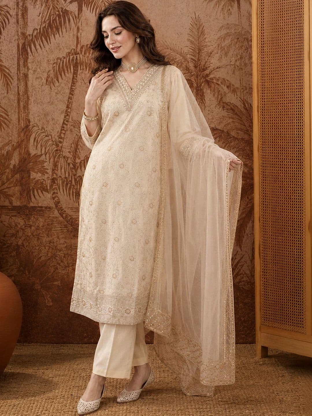 SAINOOR Women Ethnic Motifs Embroidered Regular Thread Work Kurta with Trousers & With Dupatta - view 1