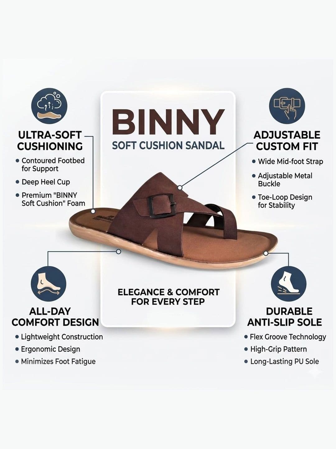 Binny Men Coffee Synthetic Comfort Toe-Ring Sandals With Buckle Strap thumbnail 2