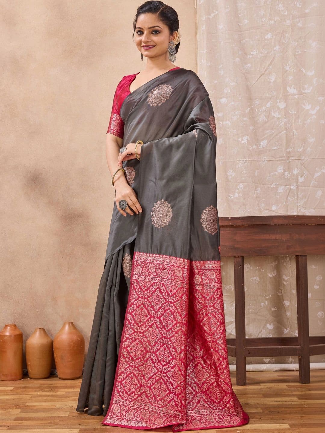 Mitera Women's Woven Medallion Art Silk Saree with Zari Border thumbnail 5