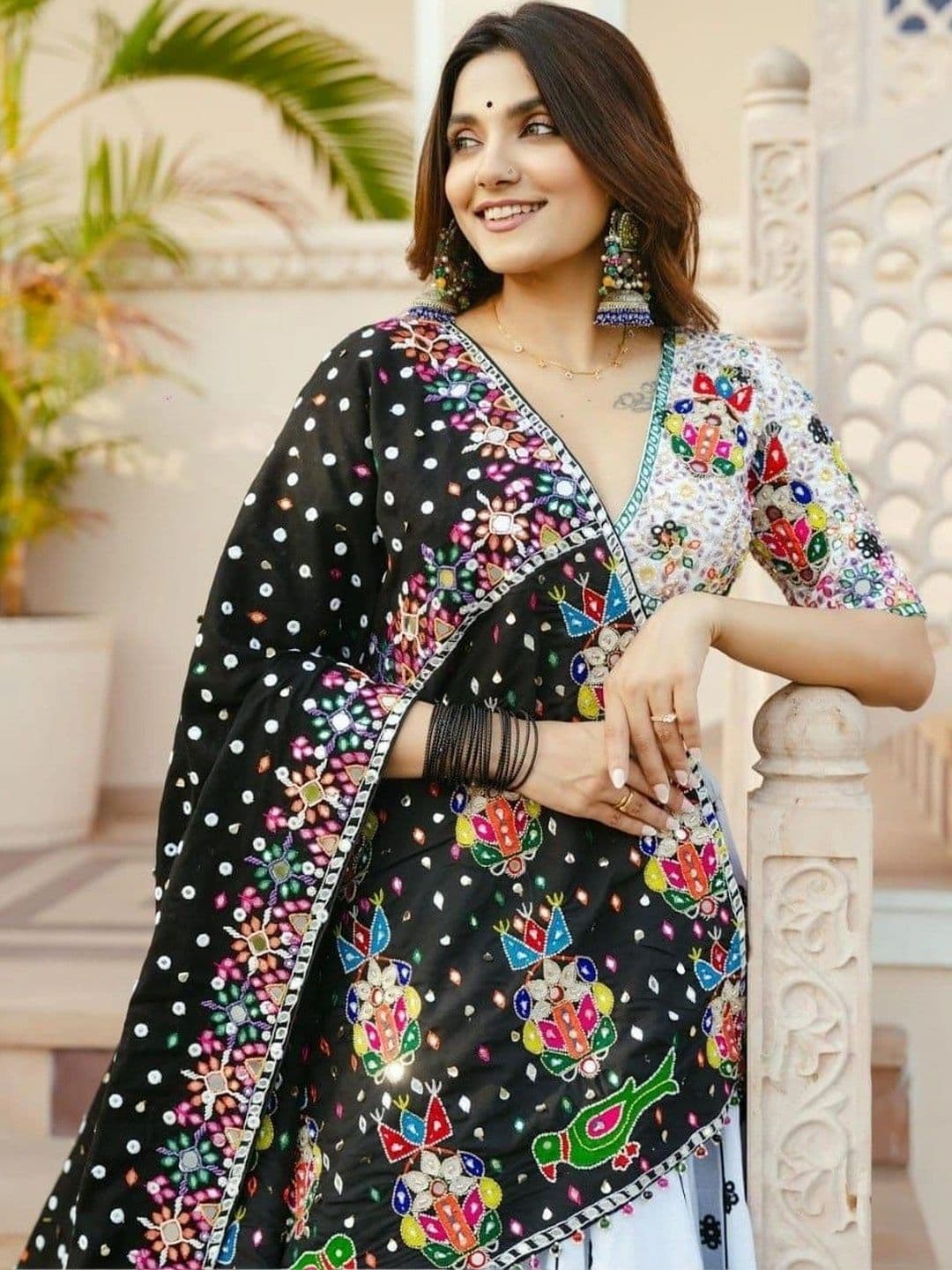 DAYLOOM Embellished Mirror Work Semi-Stitched Lehenga & Unstitched Blouse With Dupatta thumbnail 4
