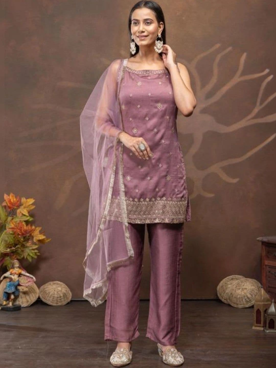 Aditexo Women Ethnic Motifs Embroidered Regular Thread Work Chanderi Silk Kurta with Palazzos & With Dupatta - view 1