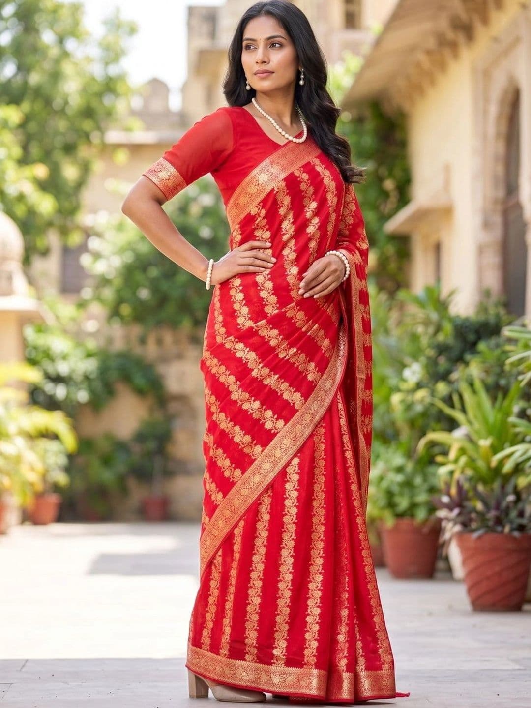 SOURAGYA Leheriya Zari Banarasi Saree thumbnail 4