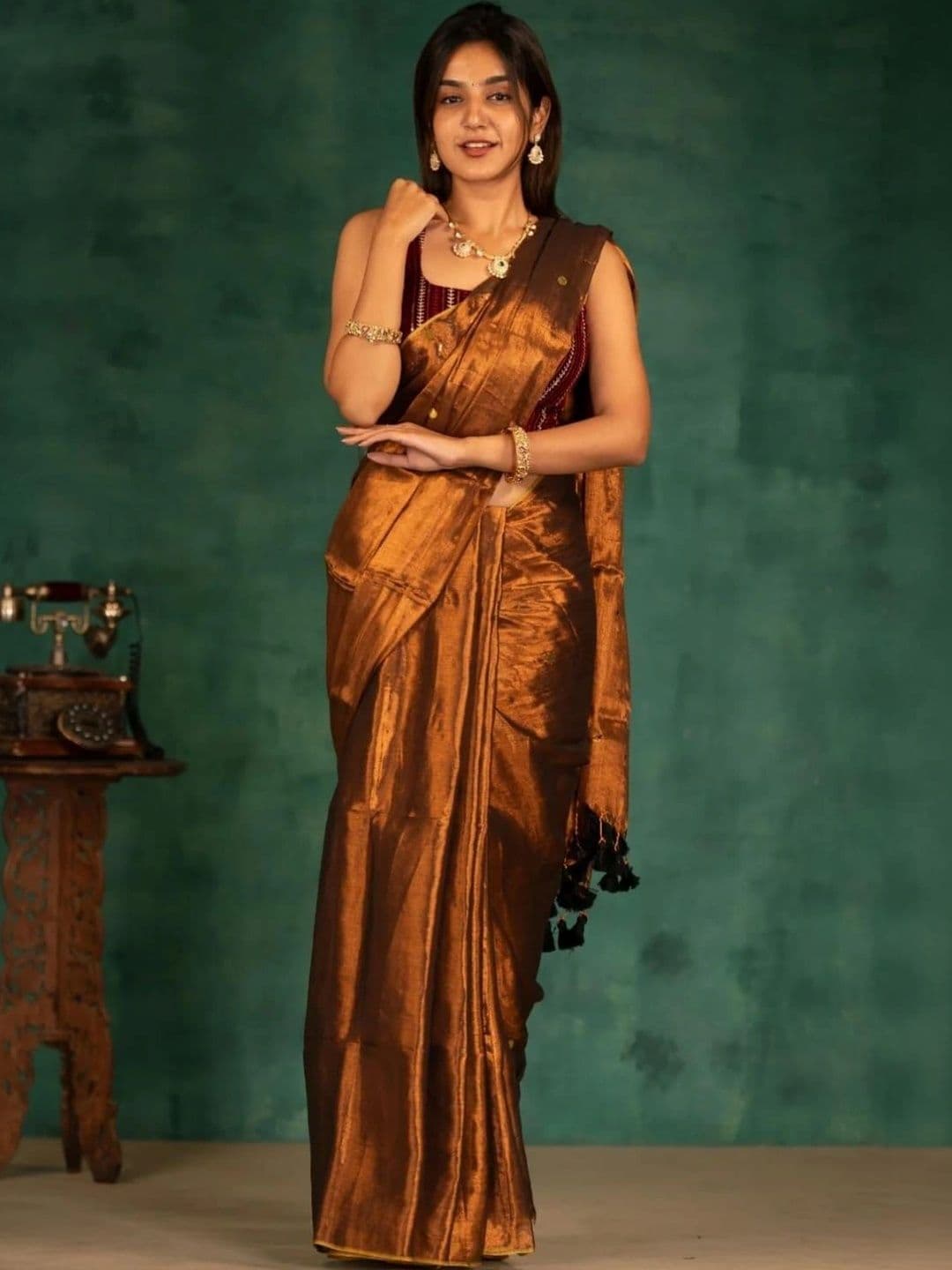 Sangria Ethnic Motifs Sequinned Tissue Chanderi Saree thumbnail 6