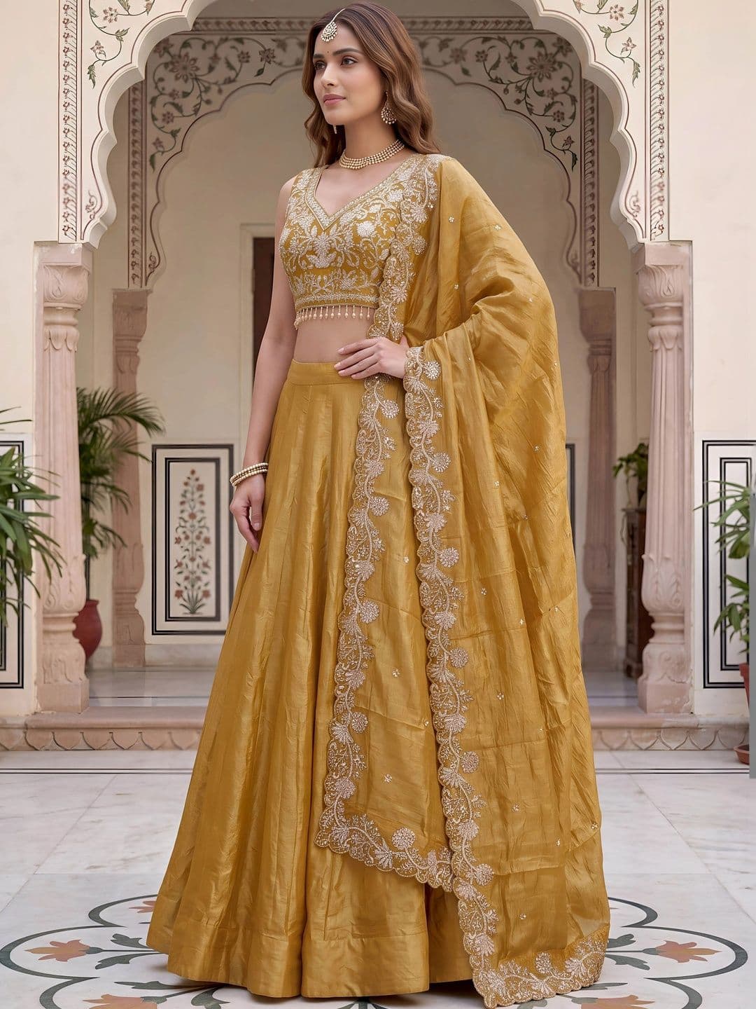 ETHNIC PLUS Embroidered Sequinned Semi-Stitched Lehenga & Unstitched Blouse With Dupatta thumbnail 3