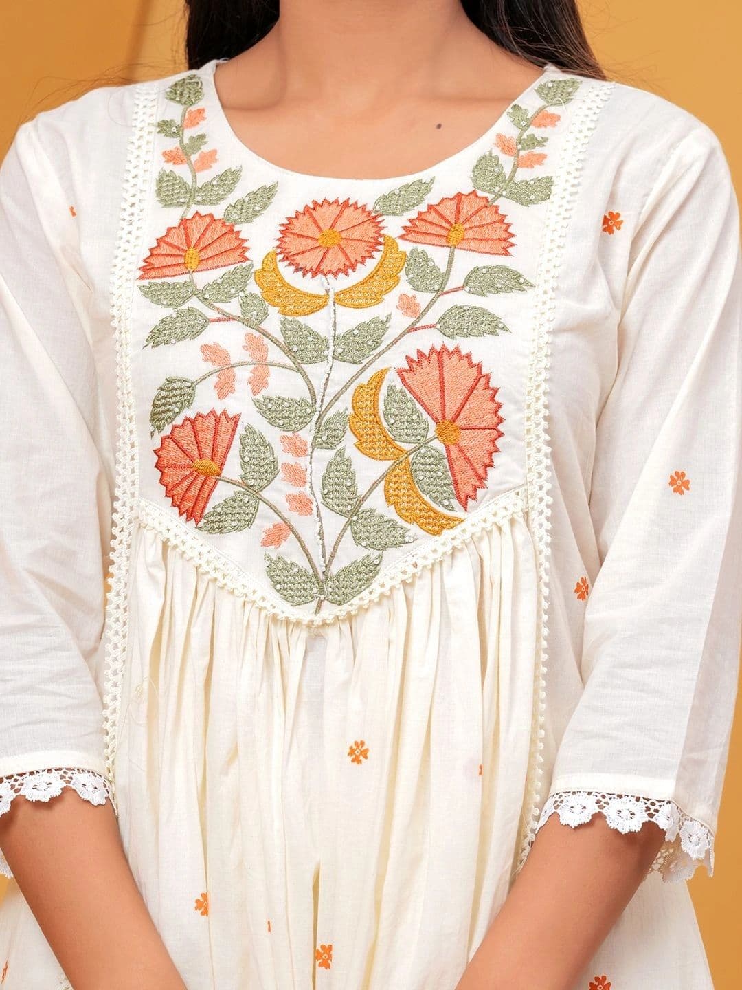 Anouk Women Floral Embroidered Empire Thread Work Pure Cotton Kurta with Palazzos & With Dupatta thumbnail 3