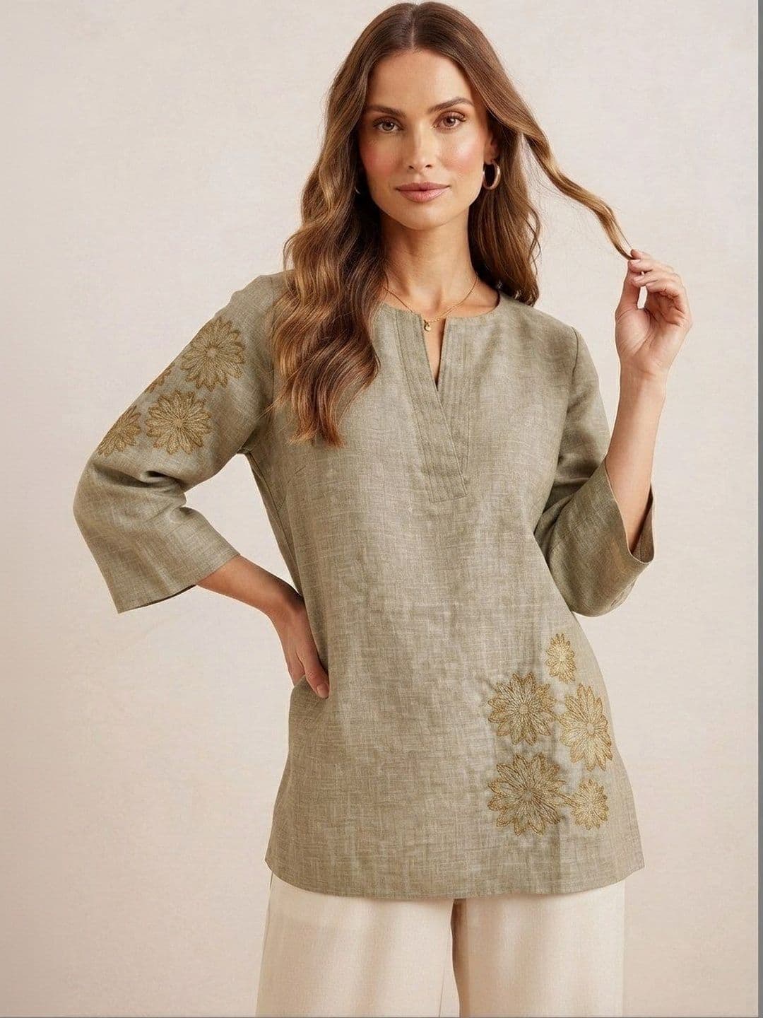 All about cotton Women Floral Embroidered Linen Top - view 1