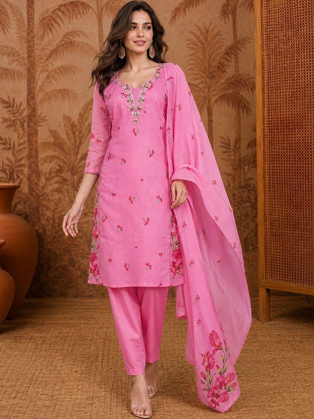 SAINOOR Women Floral Printed Regular Thread Work Kurta with Trousers & With Dupatta - view 1
