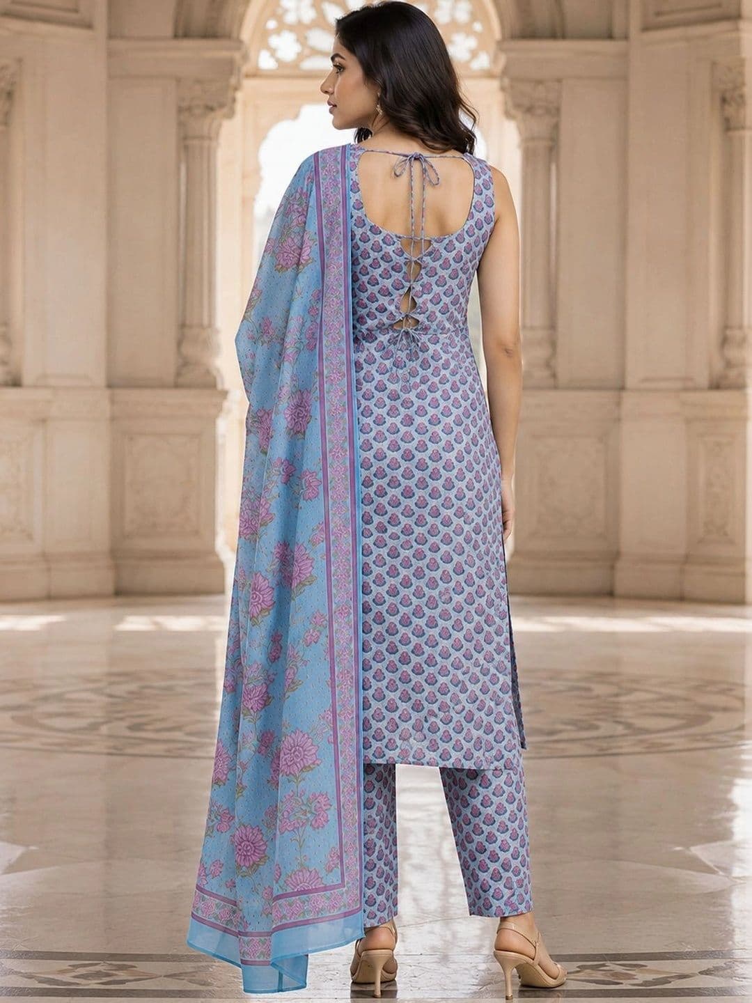 Bunai Women Ethnic Motifs Printed Regular Kurta with Trousers & With Dupatta thumbnail 2