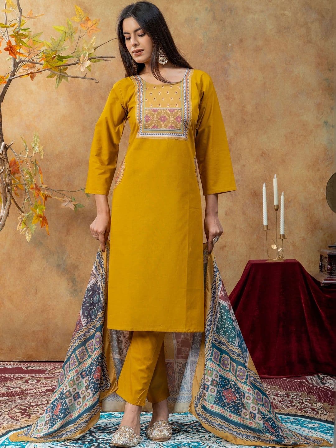 SAINOOR Women Ethnic Motifs Embroidered Regular Thread Work Pure Cotton Kurta with Trousers & With Dupatta thumbnail 4