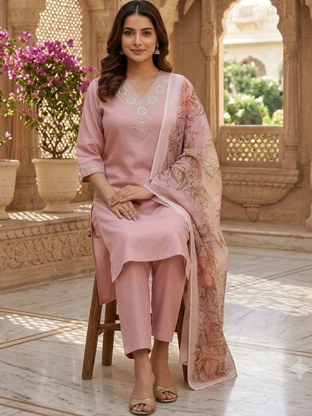 KALINI Women Ethnic Motifs Embroidered Regular Thread Work Kurta with Trousers & With Dupatta - view 1