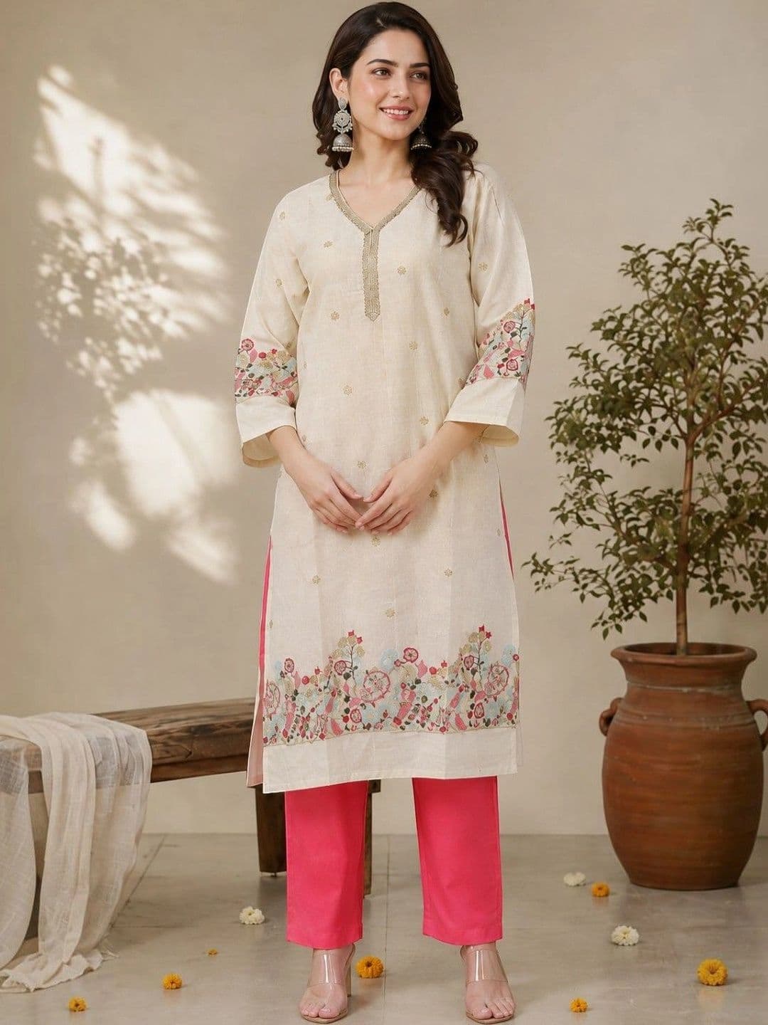 EELIKA Women Ethnic Motifs Embroidered Regular Thread Work Pure Cotton Kurta with Trousers & With Dupatta thumbnail 3