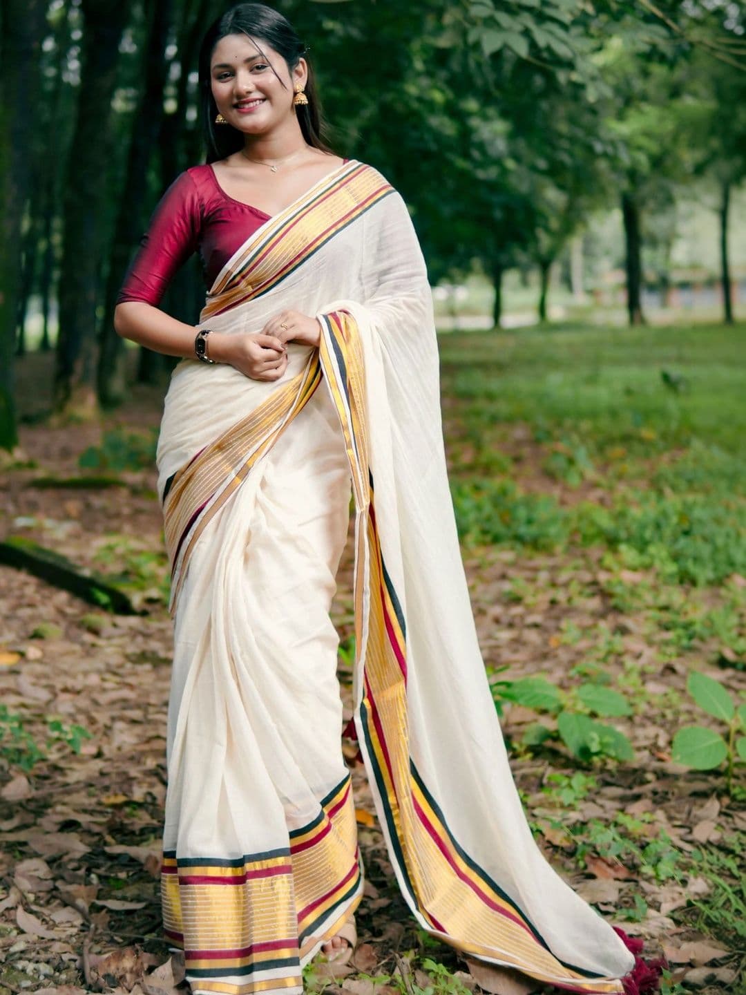KALINI Striped Zari Pure Cotton Kasavu Saree - view 1