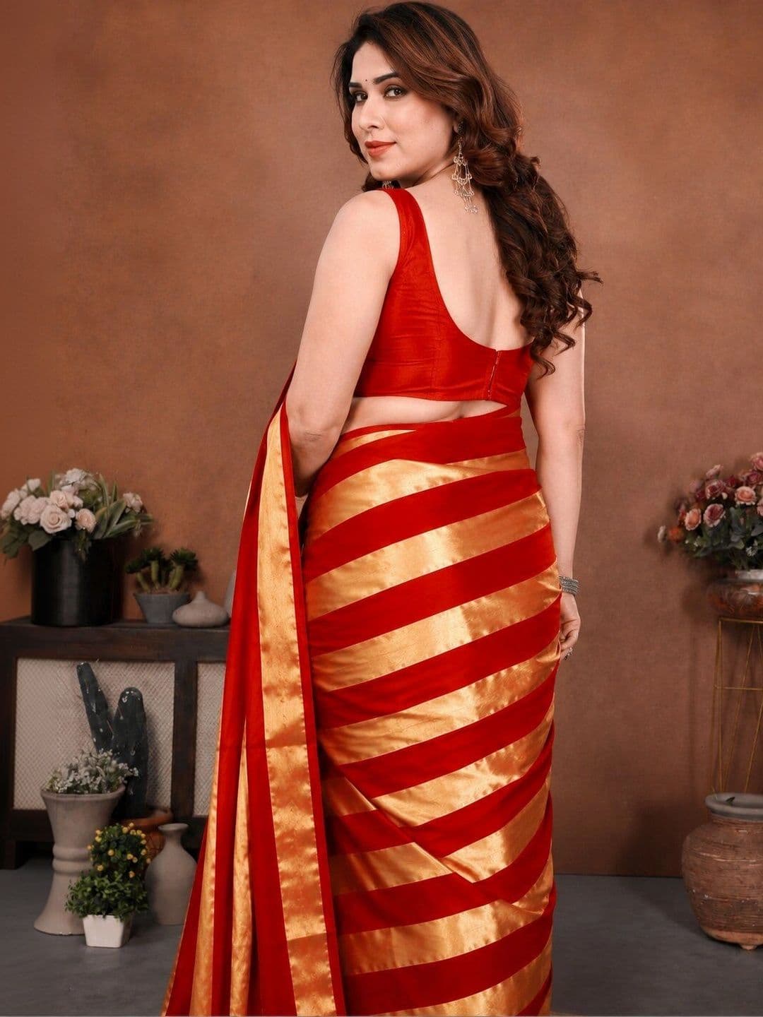 Zenofab Striped Zari Satin Leheriya Saree thumbnail 5