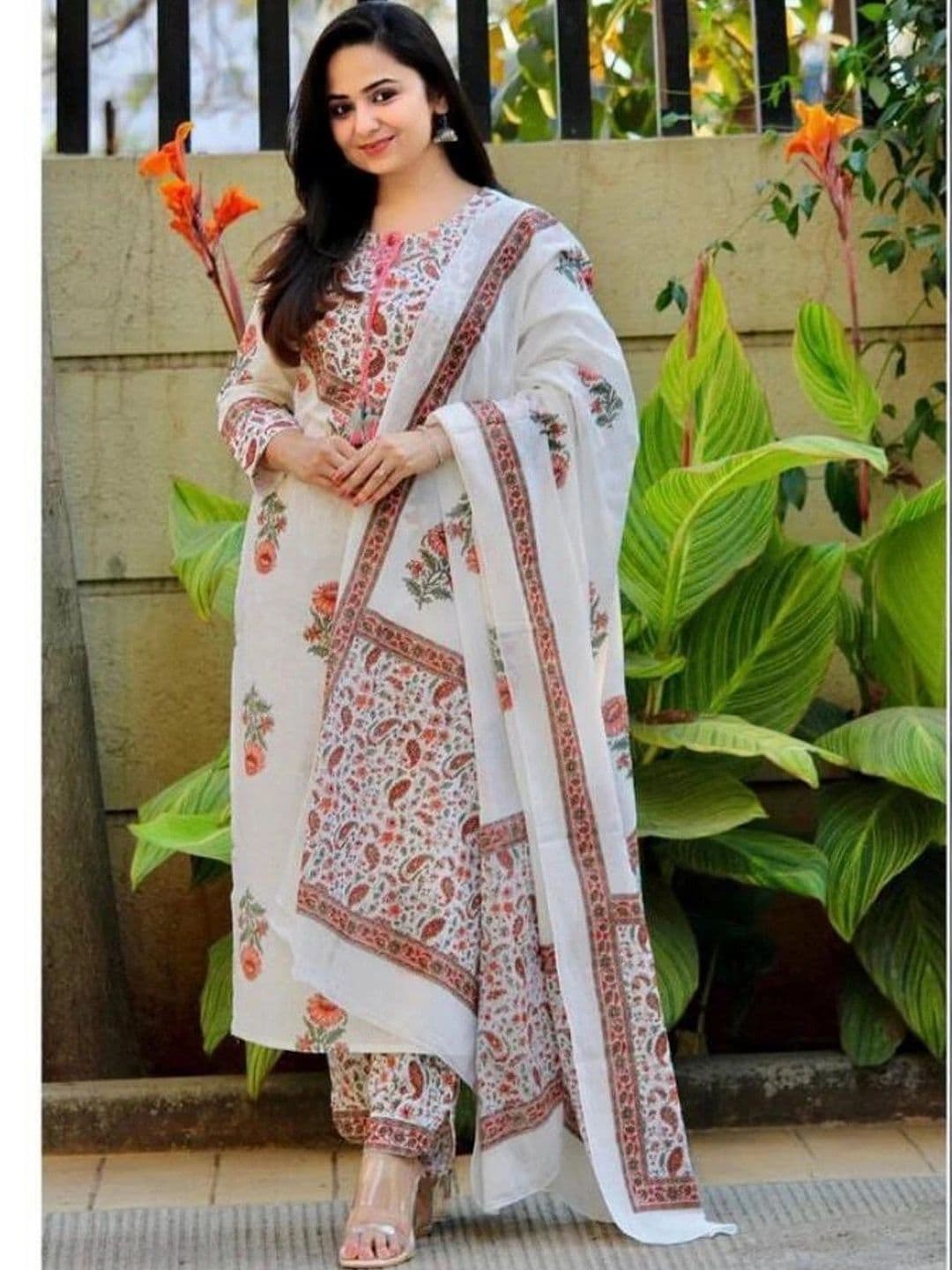 HR FASHION ZONE Women Ethnic Motifs Printed Regular Pure Cotton Kurta with Trousers & With Dupatta thumbnail 5