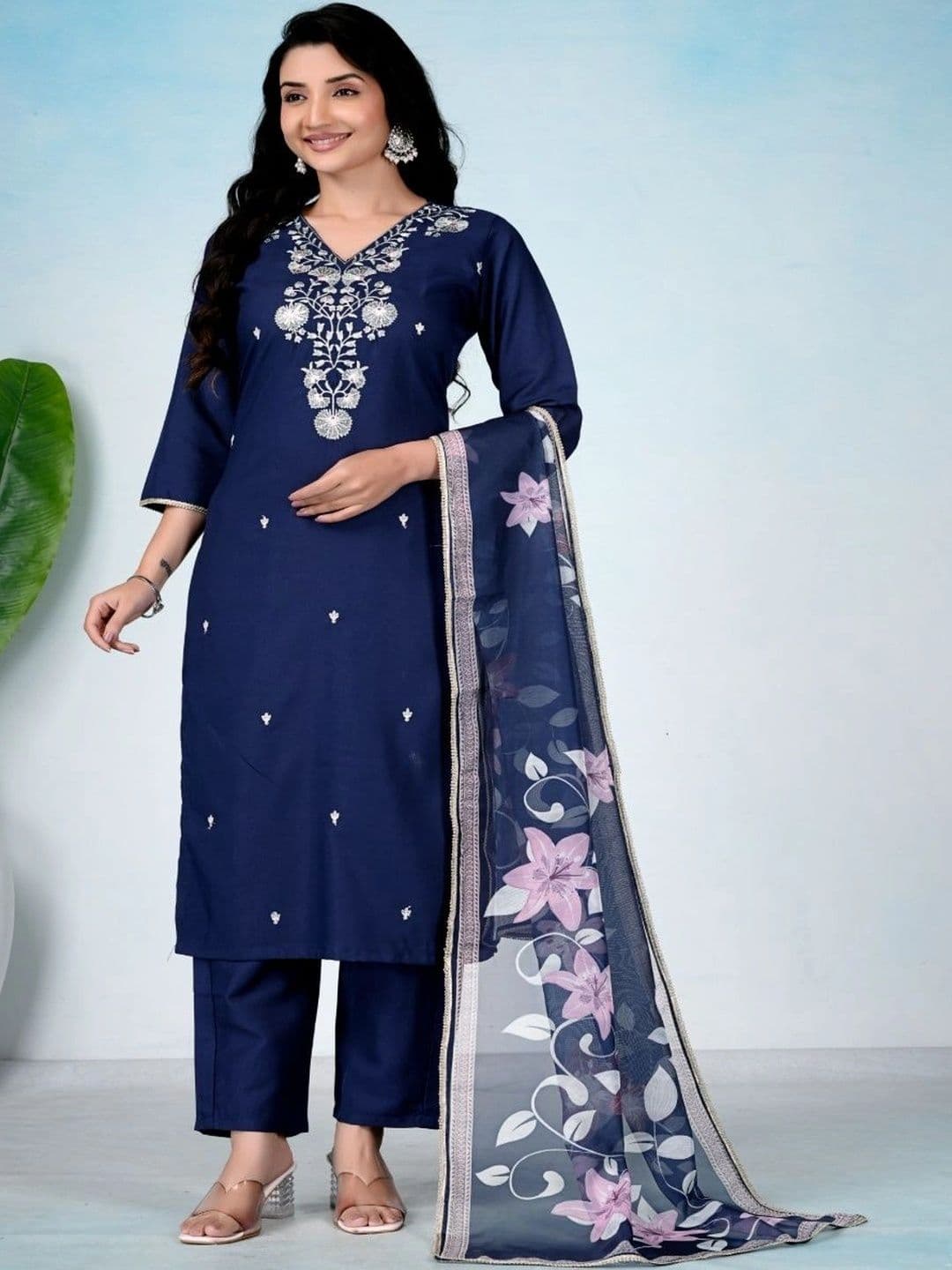 KALINI Women Floral Embroidered Regular Thread Work Kurta with Trousers & With Dupatta - view 1