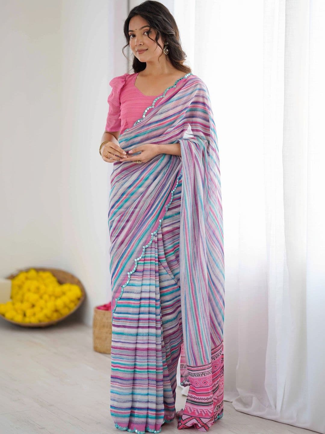 Mitera Striped Mirror Work Pure Georgette Saree thumbnail 6
