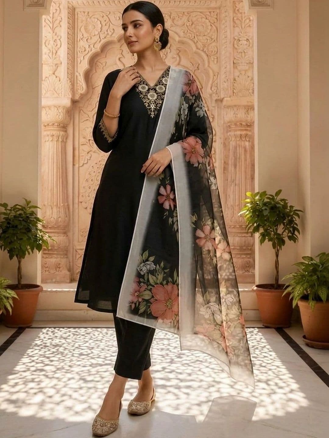 KALINI Women Floral Embroidered Regular Thread Work Kurta with Trousers & With Dupatta thumbnail 5