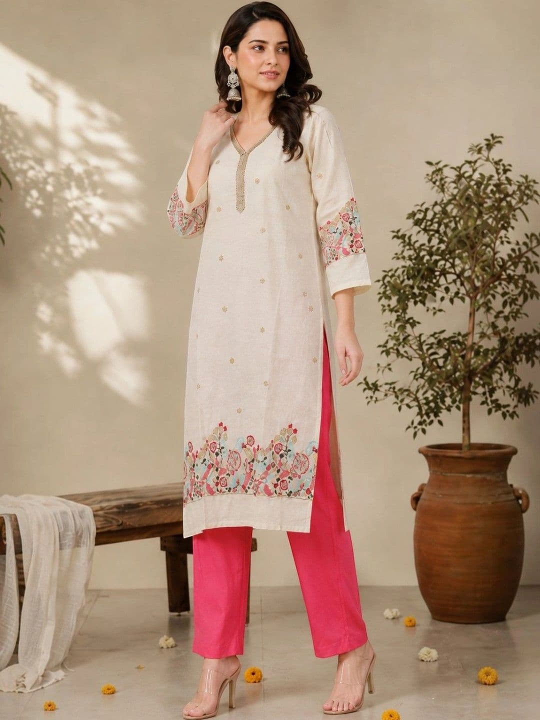 EELIKA Women Ethnic Motifs Embroidered Regular Thread Work Pure Cotton Kurta with Trousers & With Dupatta thumbnail 5