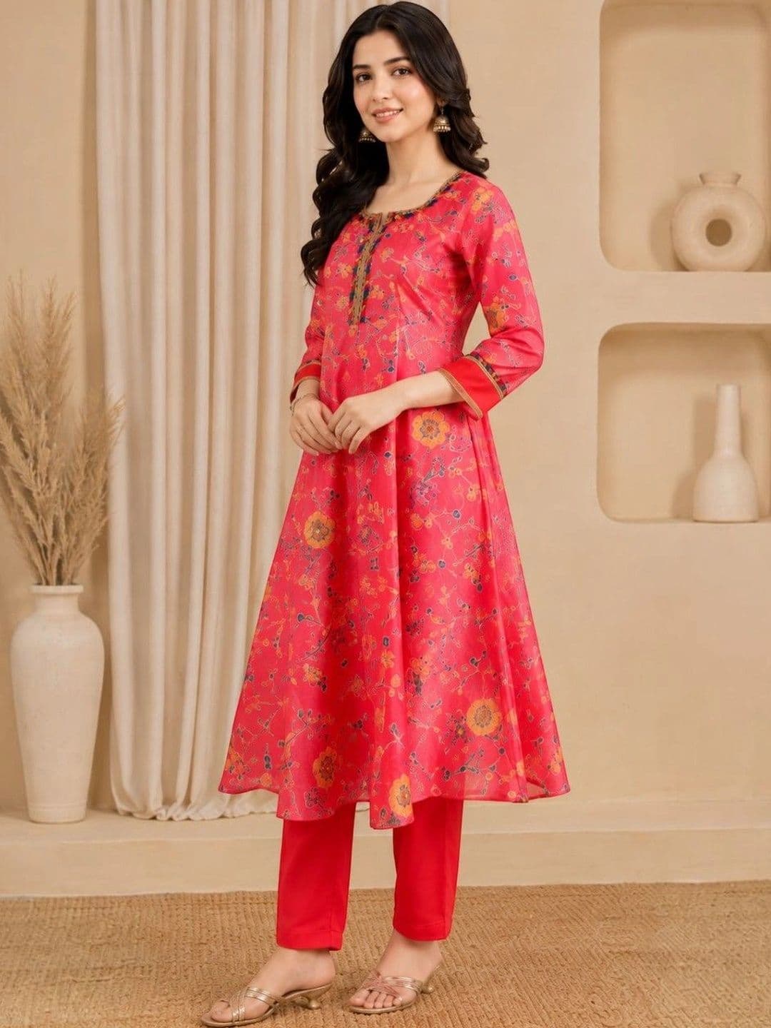 EELIKA Women Floral Printed Regular Thread Work Kurta with Trousers thumbnail 4