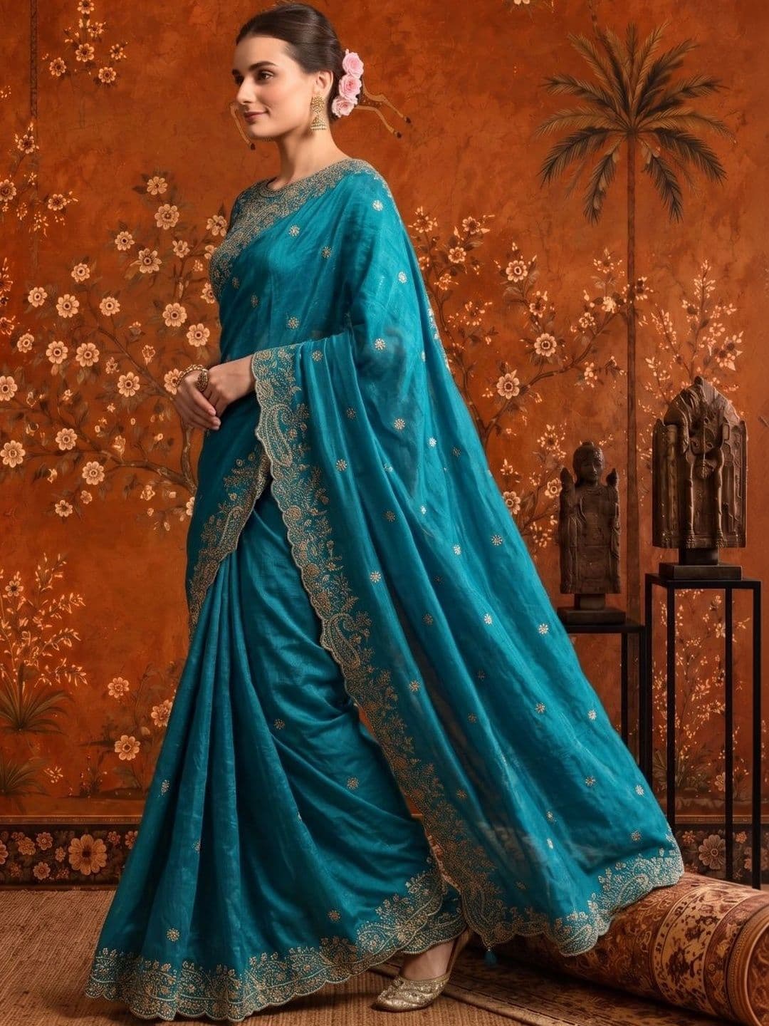 Sangria Embellished Embroidered Satin Saree thumbnail 2