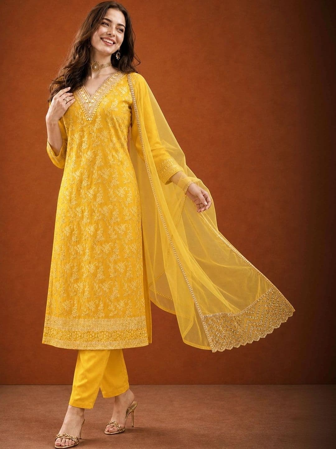 SAINOOR Women Ethnic Motifs Embroidered Regular Kurta with Trousers & With Dupatta thumbnail 3