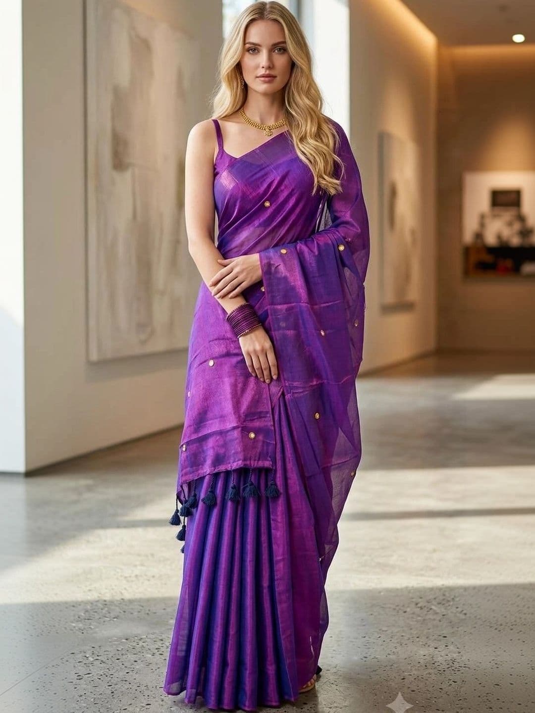 Sangria Sequinned Tissue Chanderi Saree thumbnail 3
