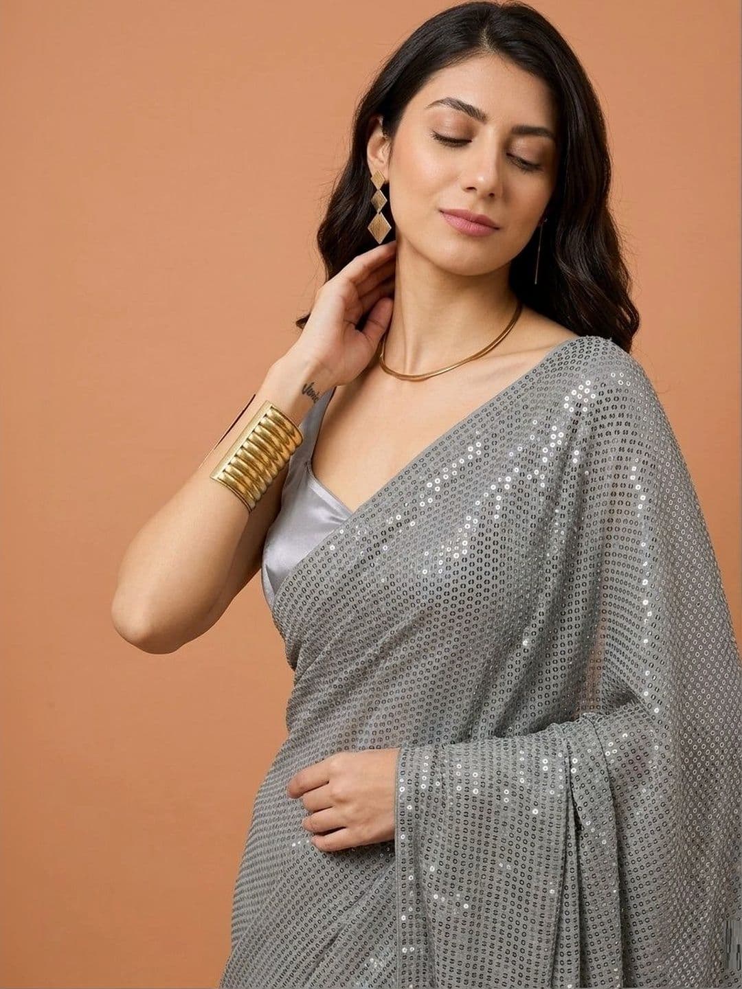SZN Embellished Sequinned Poly Georgette Designer Saree thumbnail 2