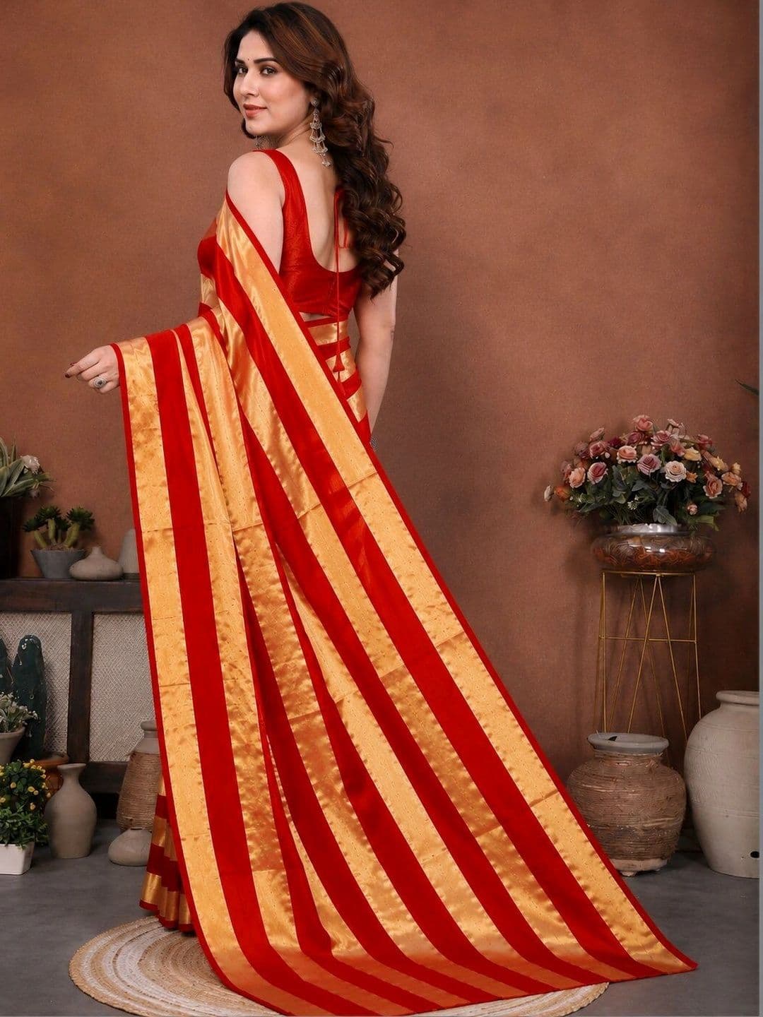Zenofab Striped Zari Satin Leheriya Saree thumbnail 2