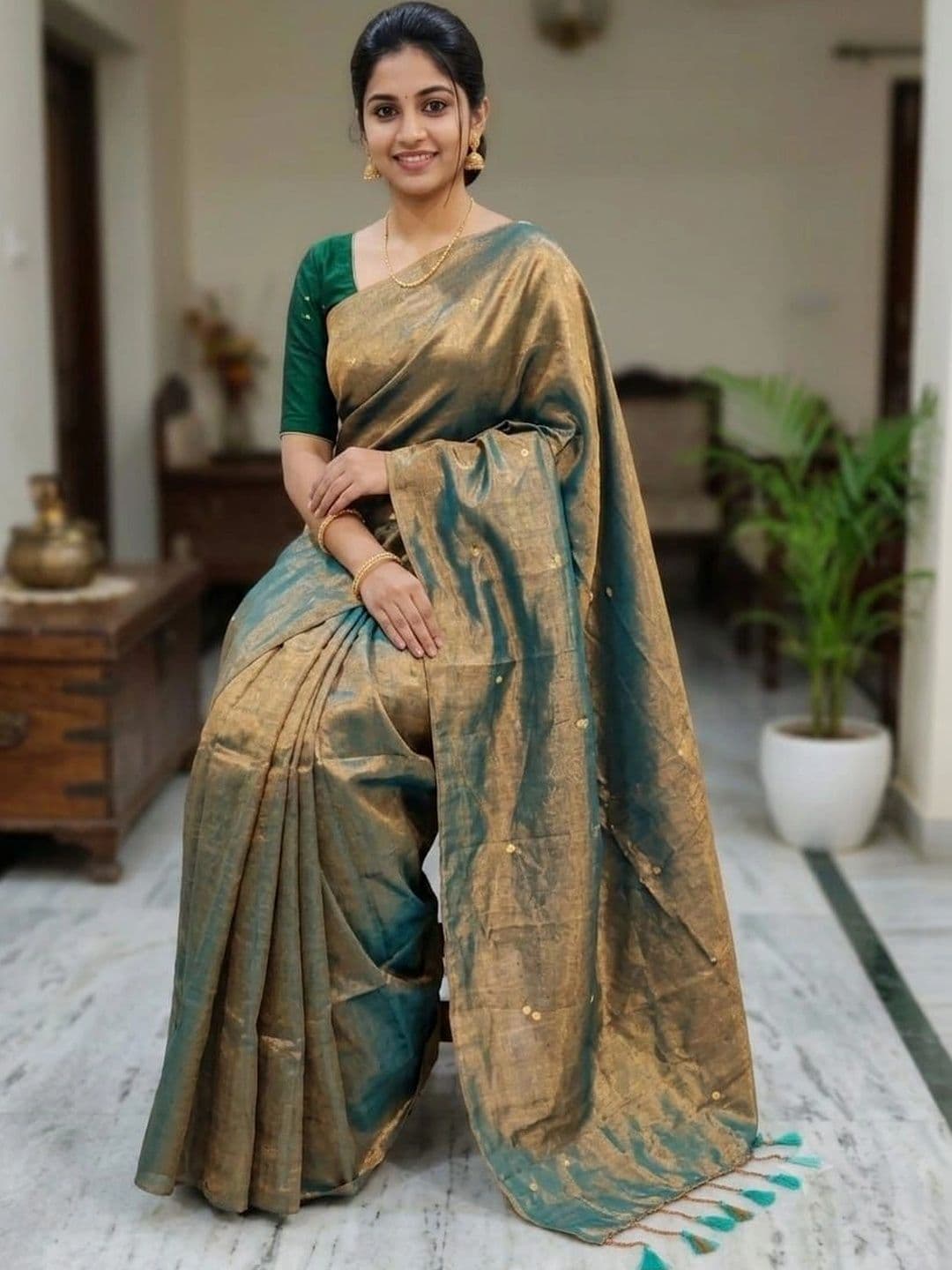 Sangria Ethnic Motifs Sequinned Tissue Chanderi Saree - view 1