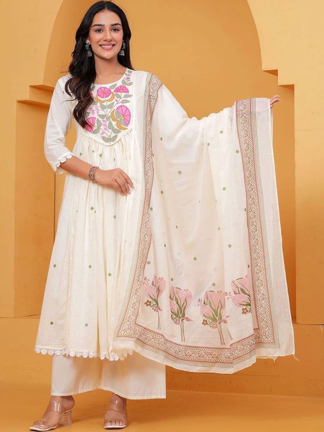 Anouk Women Floral Embroidered Empire Thread Work Pure Cotton Kurta with Palazzos & With Dupatta - view 1