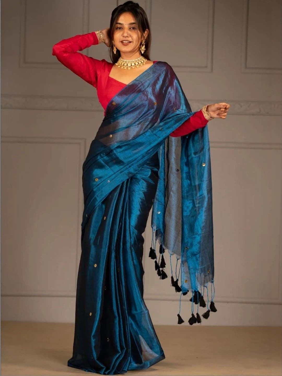 Sangria Ethnic Motifs Sequinned Tissue Chanderi Saree - view 1