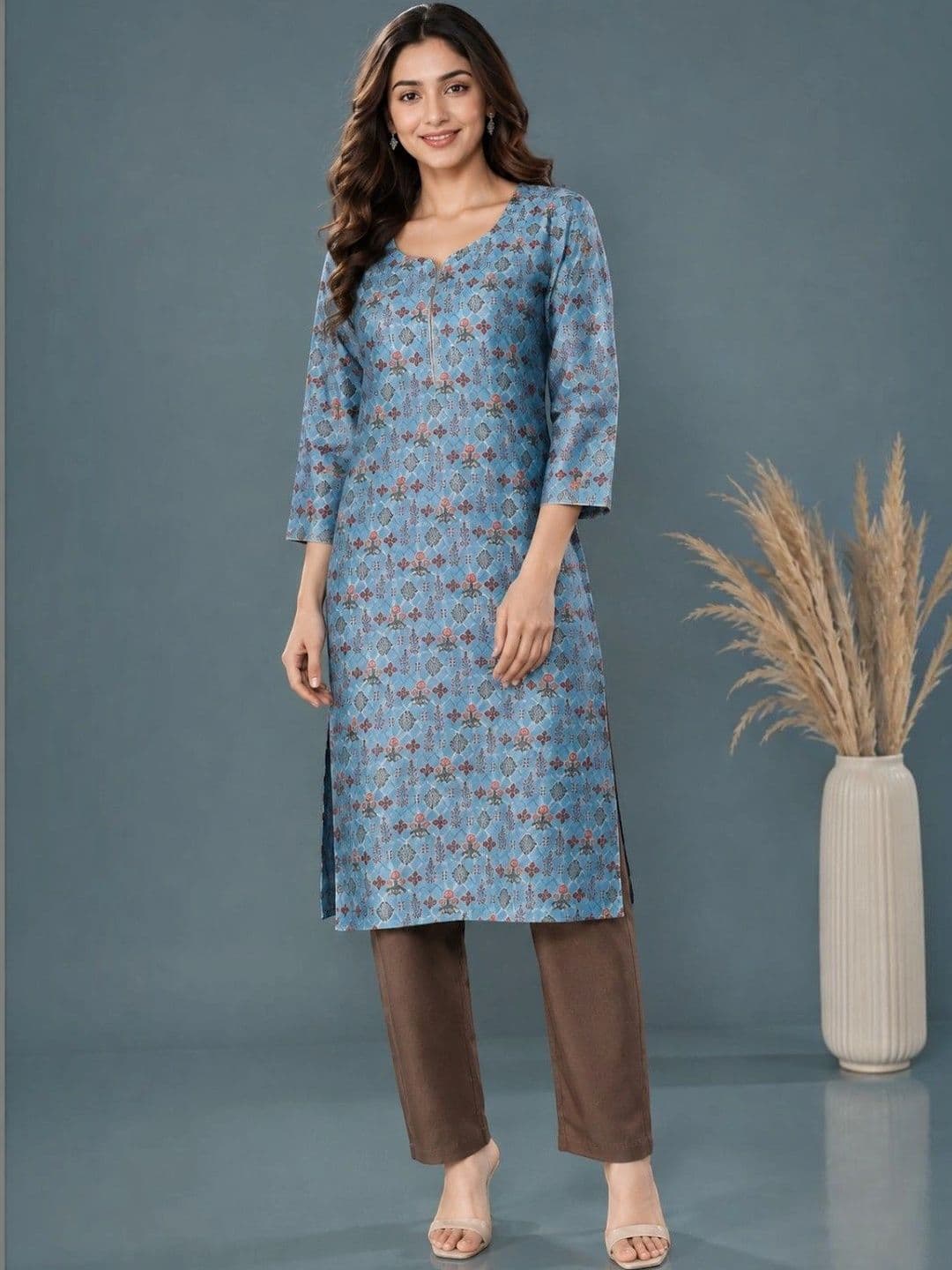 EELIKA Women Ethnic Motifs Printed Satin Straight Kurta with Trousers - view 1