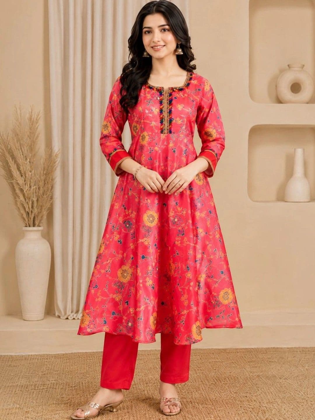 EELIKA Women Floral Printed Regular Thread Work Kurta with Trousers - view 1