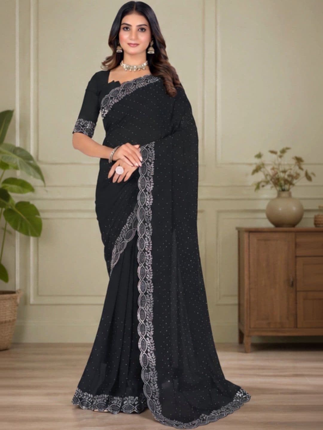 RENBRIZA Embellished Poly Chiffon Saree - view 1