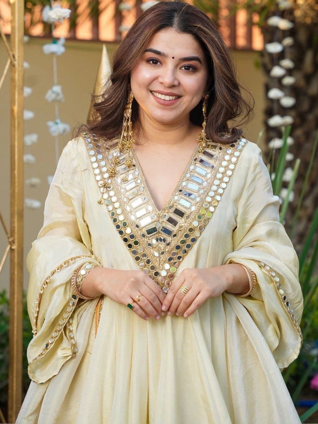 Mitera Women Angrakha Mirror Work Silk Chiffon Kurta with Sharara & With Dupatta thumbnail 4