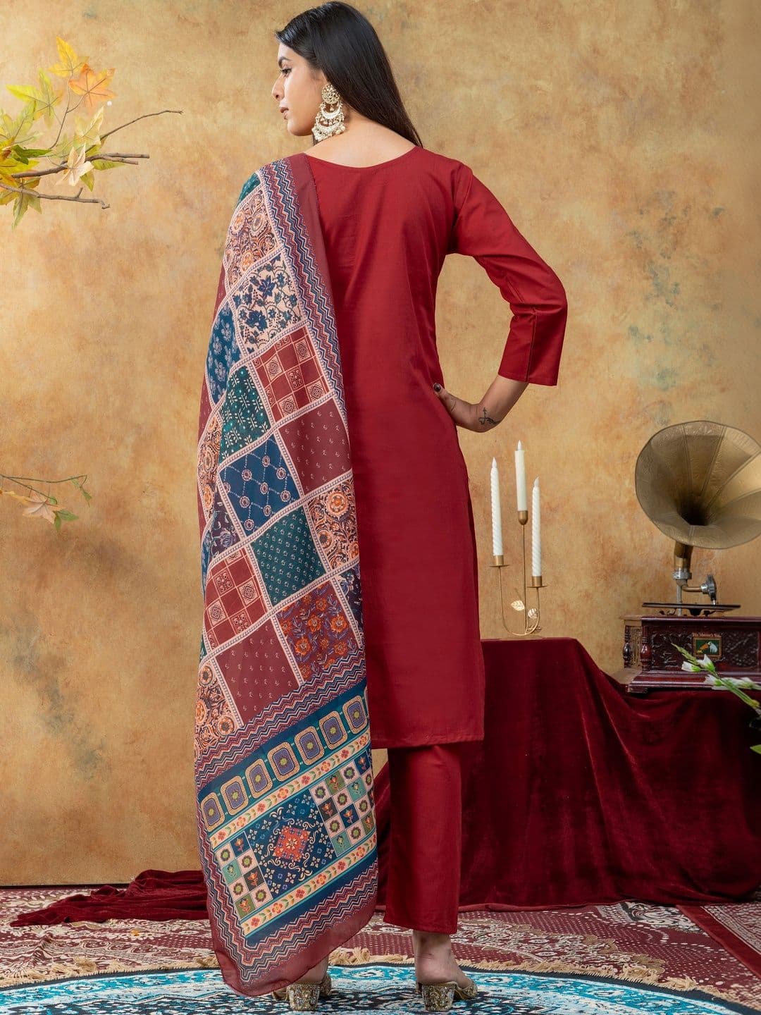 SAINOOR Women Ethnic Motifs Embroidered Regular Thread Work Pure Cotton Kurta with Trousers & With Dupatta thumbnail 6
