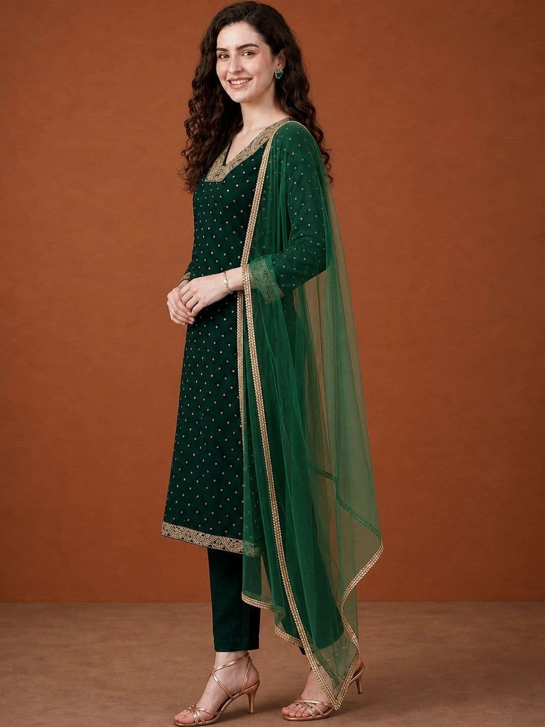 SAINOOR Women Ethnic Motifs Embroidered Regular Kurta with Trousers & With Dupatta thumbnail 7