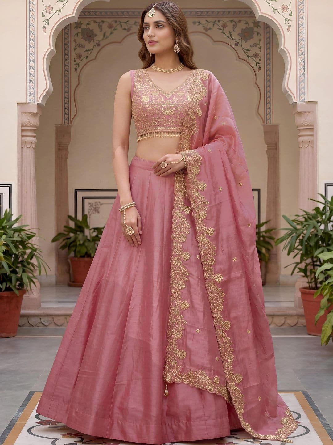 ETHNIC PLUS Embroidered Thread Work Semi-Stitched Lehenga & Unstitched Blouse With Dupatta thumbnail 3