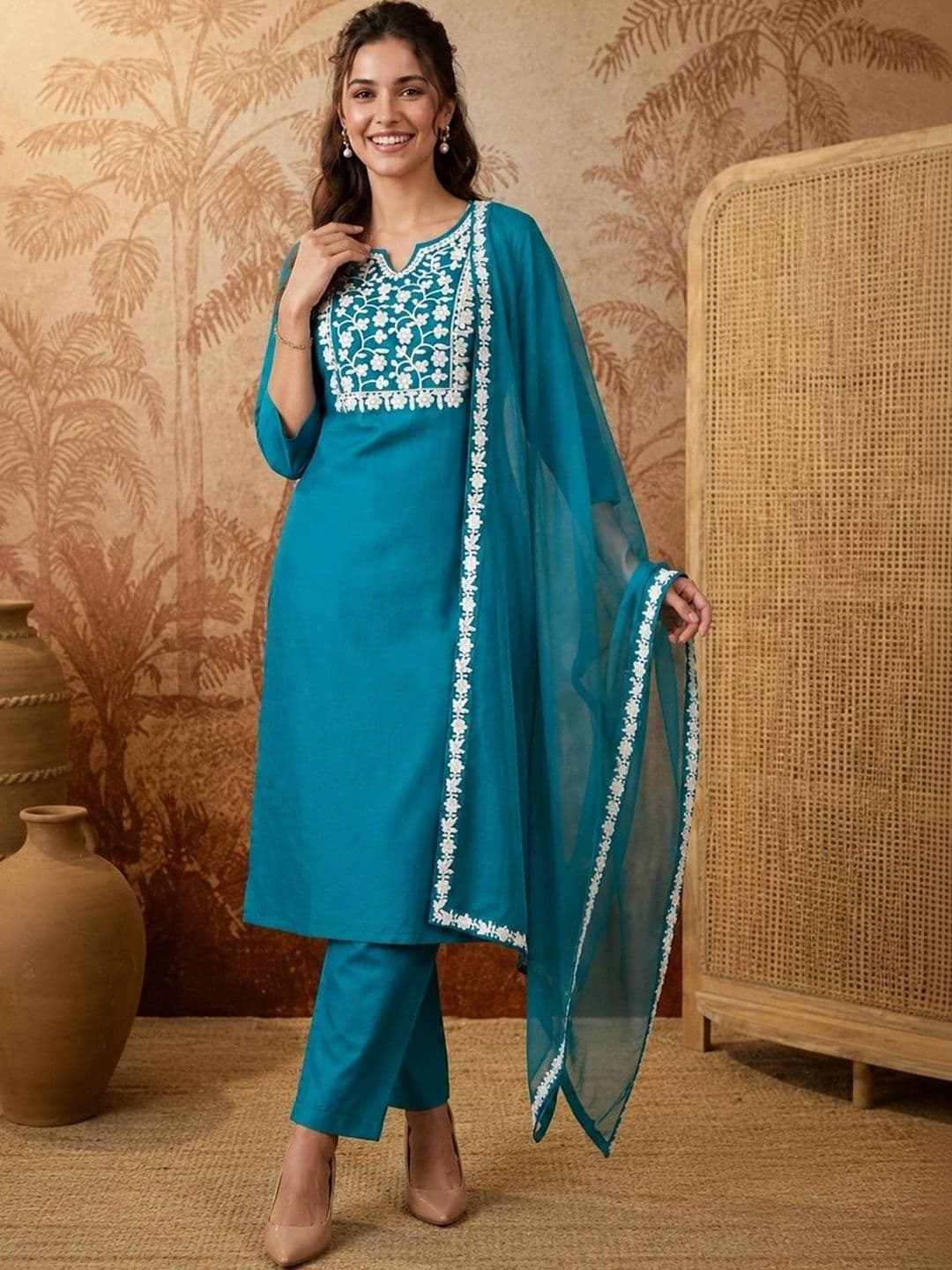 SAINOOR Women Ethnic Motifs Embroidered Regular Thread Work Kurta with Trousers & With Dupatta - view 1