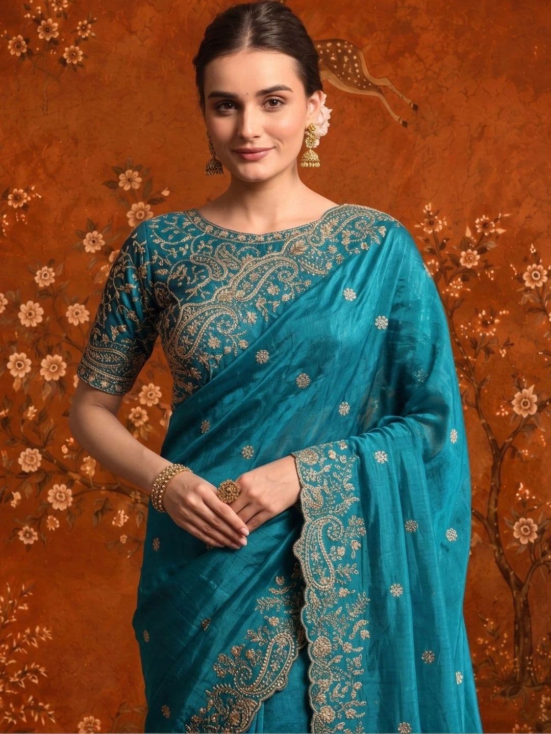 Sangria Embellished Embroidered Satin Saree - view 1