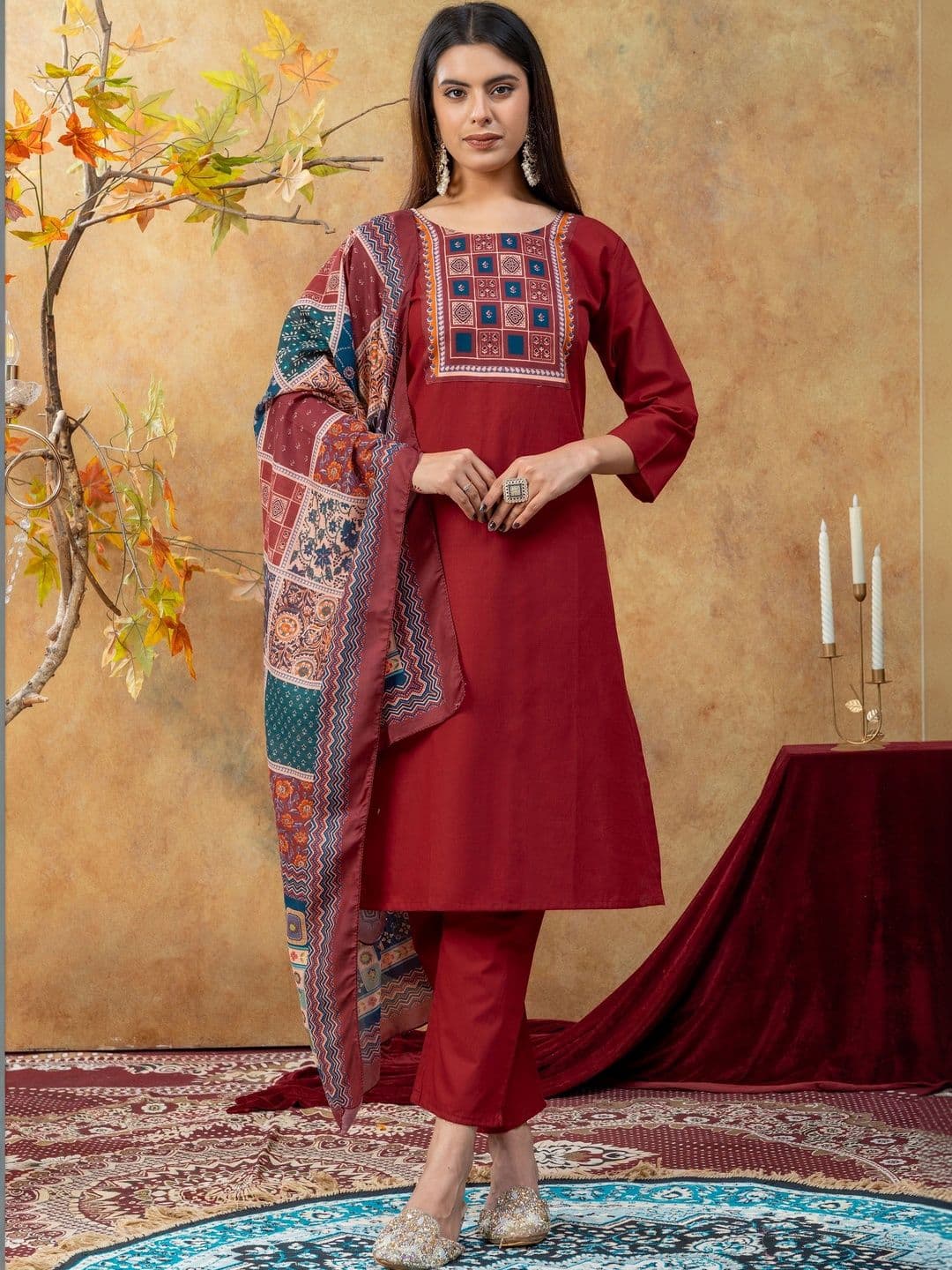 SAINOOR Women Ethnic Motifs Embroidered Regular Thread Work Pure Cotton Kurta with Trousers & With Dupatta - view 1