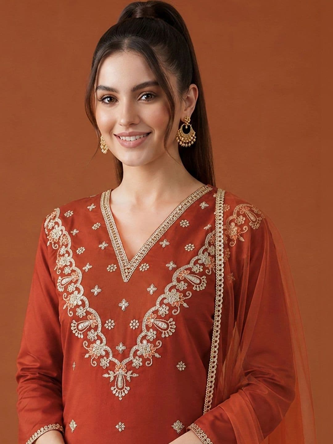 SAINOOR Women Ethnic Motifs Embroidered Regular Thread Work Kurta with Trousers & With Dupatta thumbnail 2