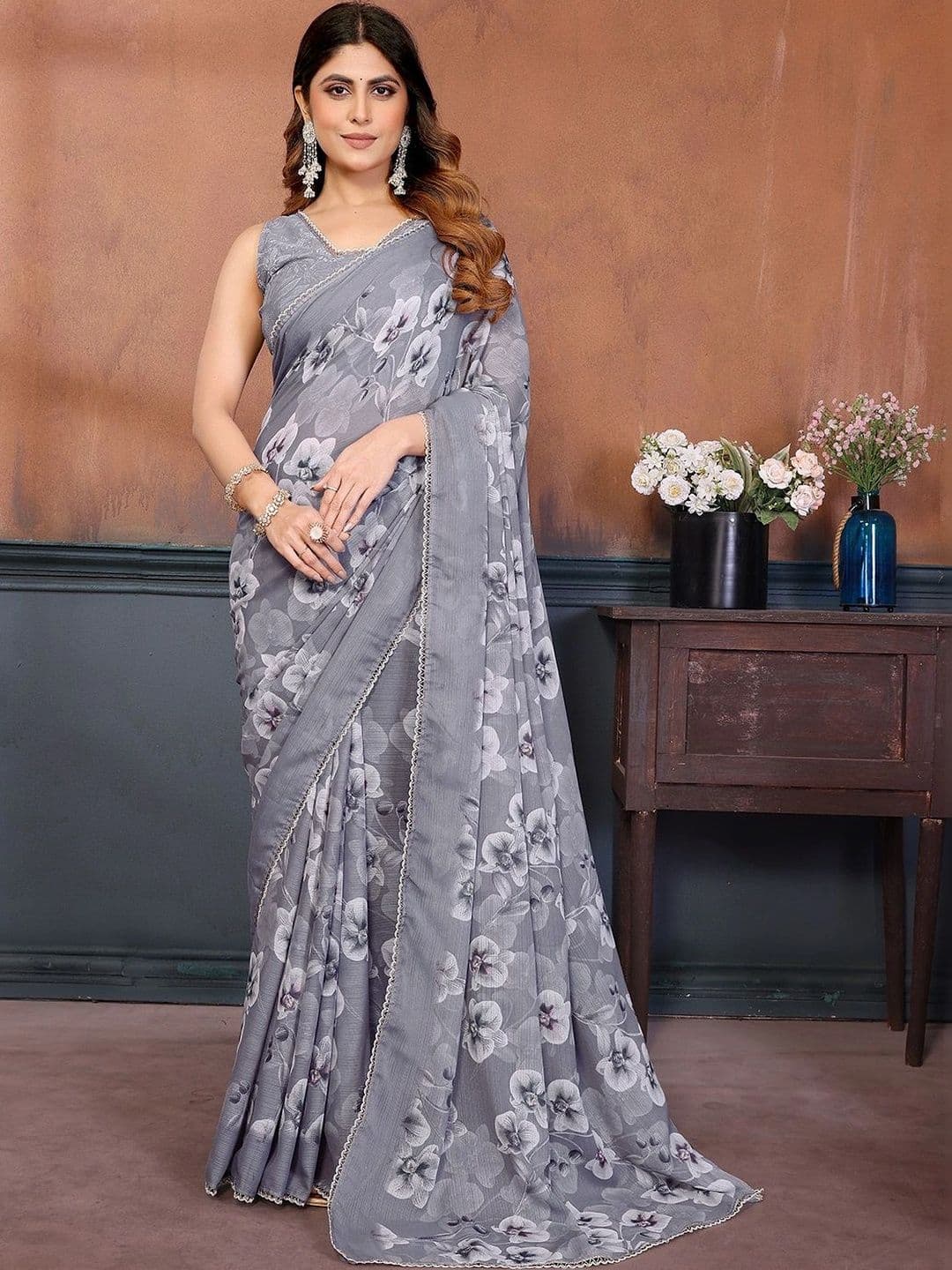 Urban Pallu Floral Pure Chiffon Designer Saree - view 1
