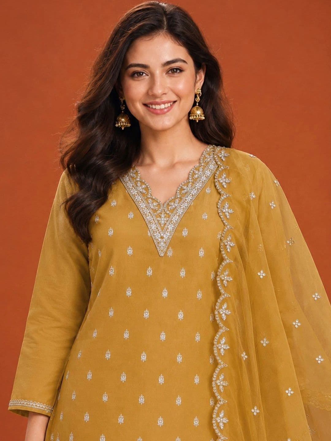 SAINOOR Women Ethnic Motifs Embroidered Regular Thread Work Kurta with Trousers & With Dupatta thumbnail 5