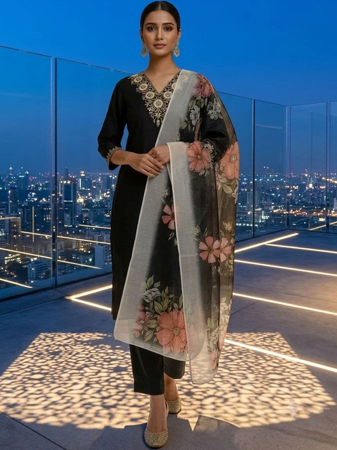 pink and pop Women Floral Embroidered Regular Thread Work Kurta with Trousers & With Dupatta thumbnail 5