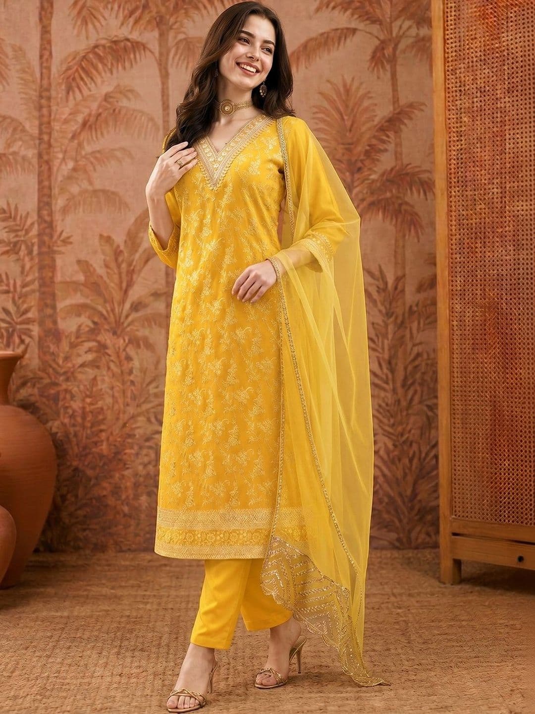 SAINOOR Women Ethnic Motifs Embroidered Regular Kurta with Trousers & With Dupatta - view 1