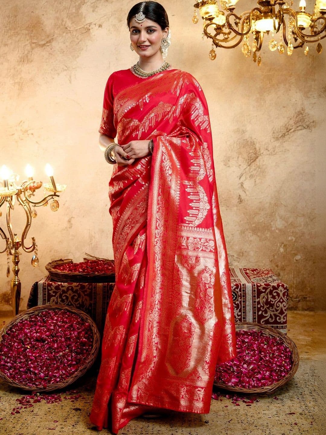 Satrani Women Woven Silk Banarasi Zari Border Saree With Blouse Piece - view 1