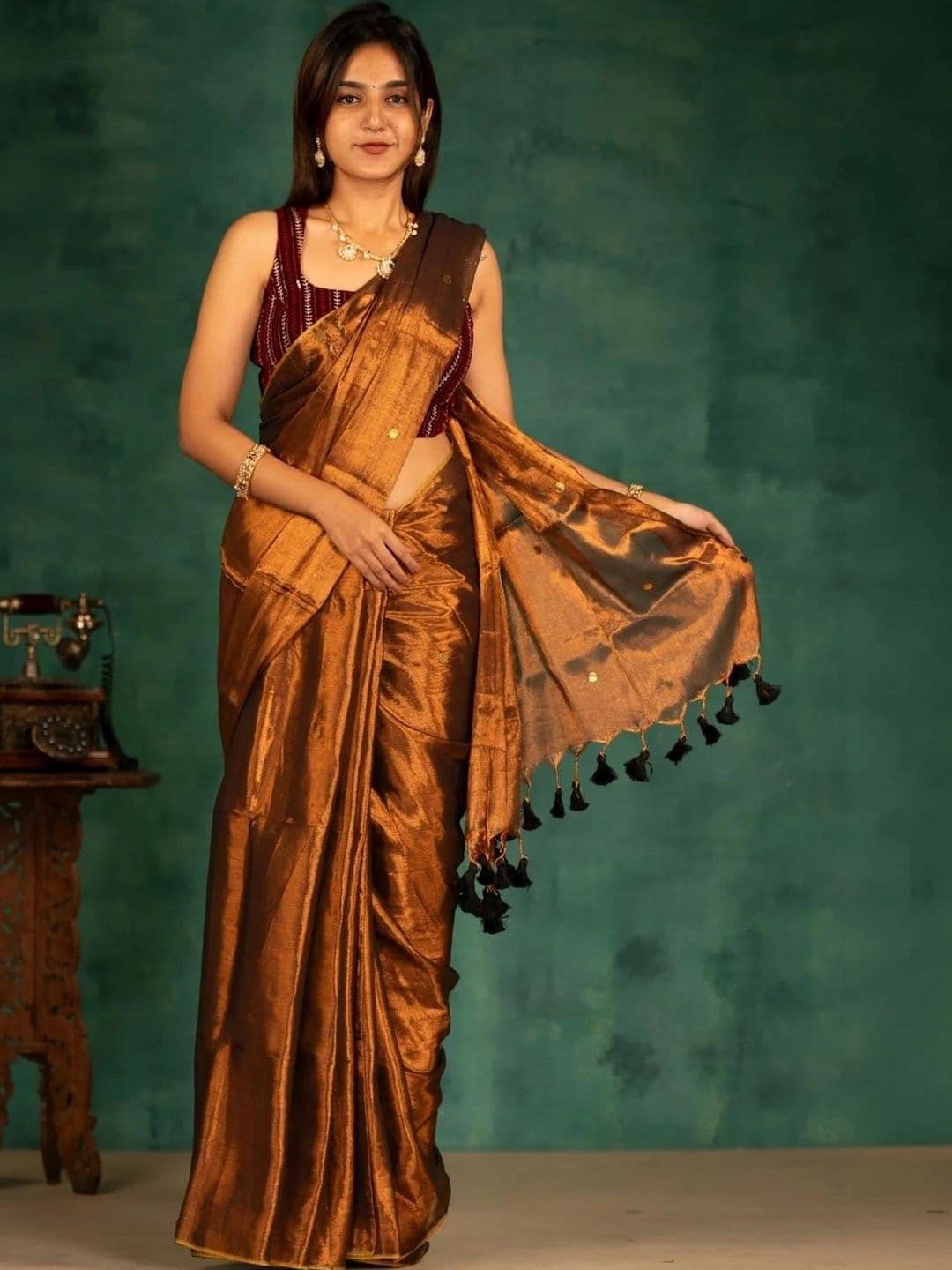 Sangria Ethnic Motifs Sequinned Tissue Chanderi Saree - view 1