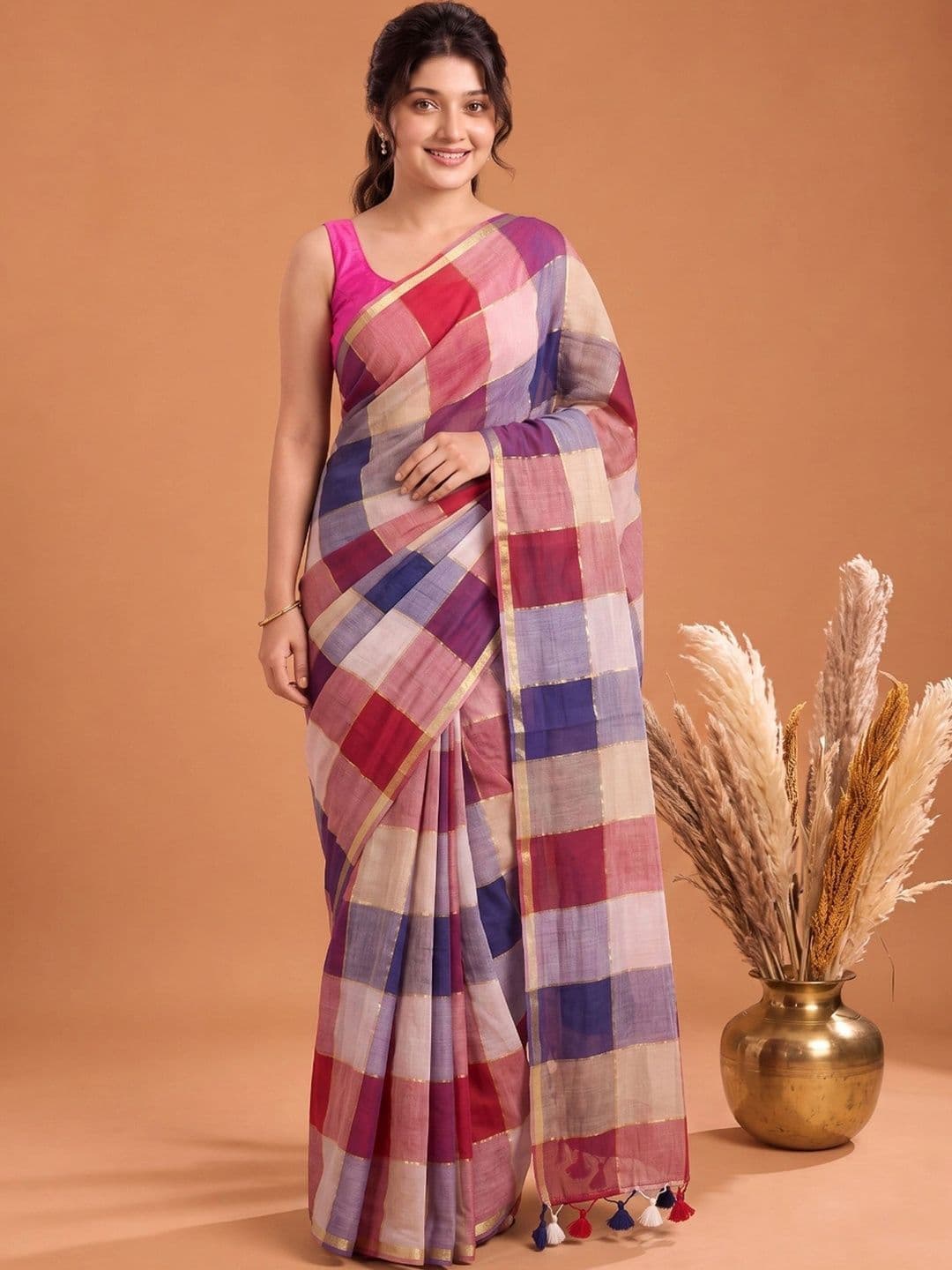 KALINI Checked Pure Cotton Saree - view 1