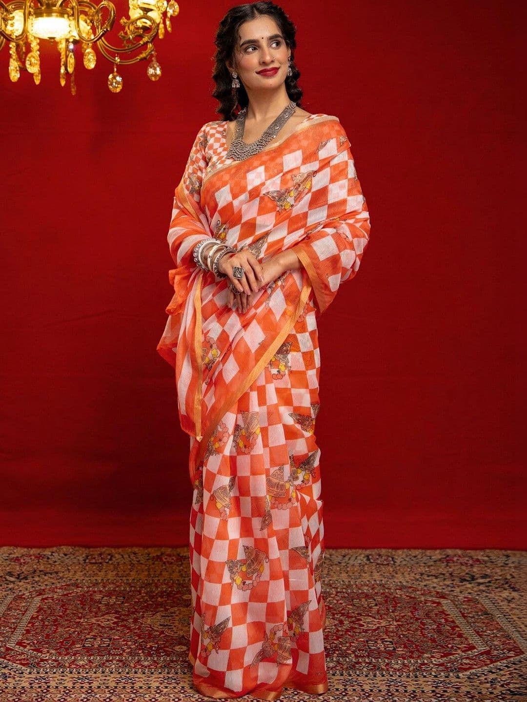 Satrani Checked Zari Silk Designer Saree with Blouse Piece thumbnail 5